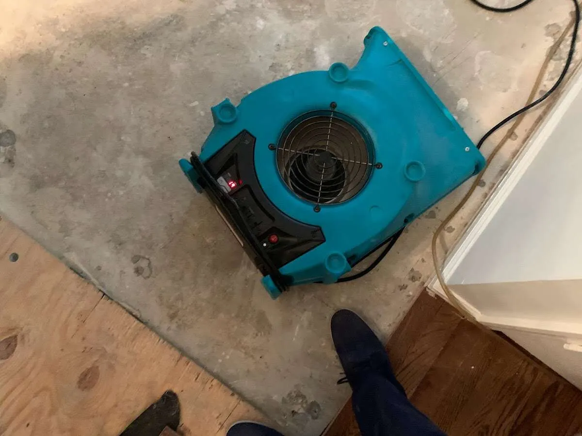 Air mover drying subfloor during Commercial Water Damage Restoration in Alliance